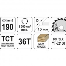 YATO Disc circular pentru lemn 190X36TX20mm..